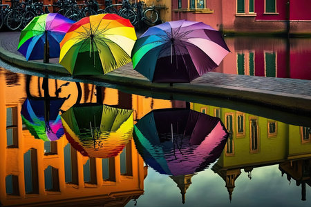 rainbow-colored umbrellas reflected in the water of a canal, created with generative aiの素材