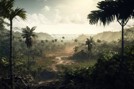 humid jungle, with a clear cut seen in the distance, created with generative aiの素材