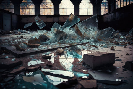 broken glass scattered across abandoned factory floor, symbolizing the destruction of manmade structures, created with generative aiの素材