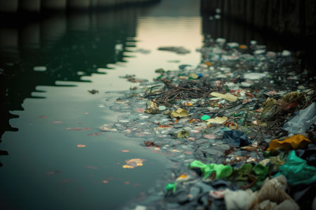 close-up of river, with trash and debris floating in the water, created with generative aiの素材
