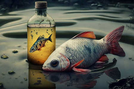 toxic chemical spill in river, with dead fish and polluted waters, created with generative aiの素材