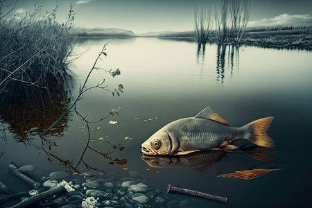 toxic chemical spill in river, with dead fish and polluted waters, created with generative aiの素材
