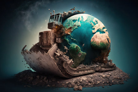 close-up of bulldozer turning over earth and destroying nature, created with generative aiの素材