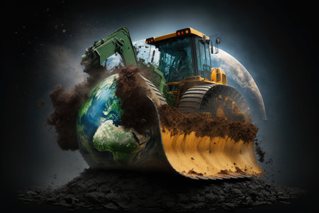 close-up of bulldozer turning over earth and destroying nature, created with generative aiの素材