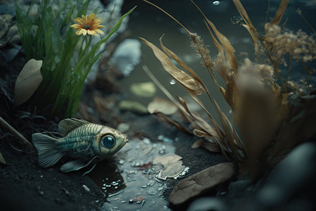 close-up of contaminated stream, with dead fish and plant life, created with generative aiの素材