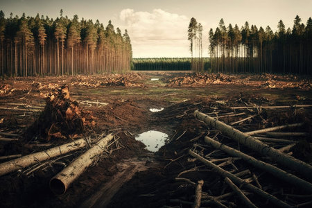 clear-cut forest, with trees cut down and left on the ground, created with generative aiの素材