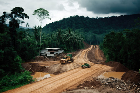 environmental destruction, with road being built through virgin jungle, created with generative aiの素材