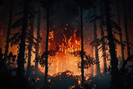 up-close shot of a forest fire burning through the trees, created with generative aiの素材