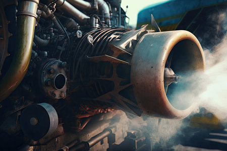close-up of dirty and greasy engine, with smoke coming from the exhaust pipe, created with generative aiの素材