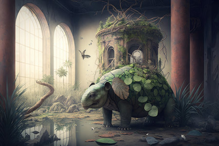 ruined nature with plants and animals gone, abandoned by humans, created with generative aiの素材