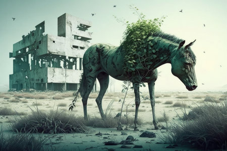 ruined nature with plants and animals gone, abandoned by humans, created with generative aiの素材