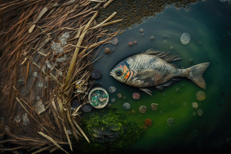 polluted stream, with floating debris and dead fish, created with generative aiの素材