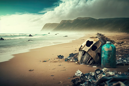pollution and trash covering the beach, with a view of the ocean in the background, created with generative aiの素材