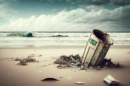 pollution and trash covering the beach, with a view of the ocean in the background, created with generative aiの素材