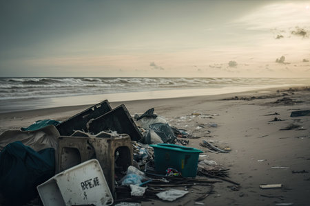 pollution and trash covering the beach, with a view of the ocean in the background, created with generative aiの素材
