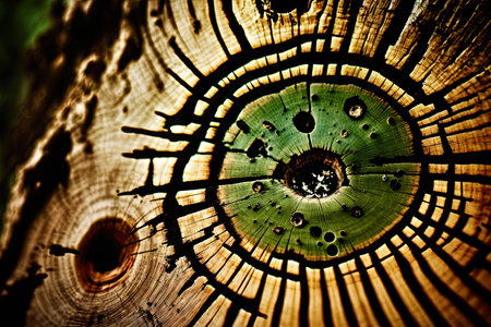 close-up of tree trunk with saw marks, sign of deforestation, created with generative aiの素材