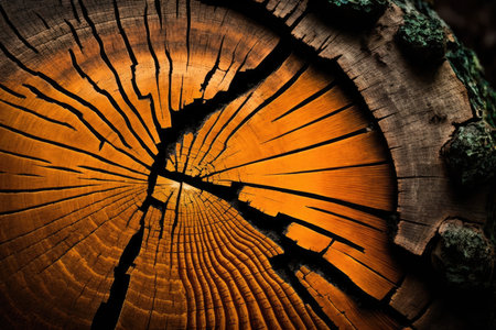 close-up of tree trunk with saw marks, sign of deforestation, created with generative aiの素材