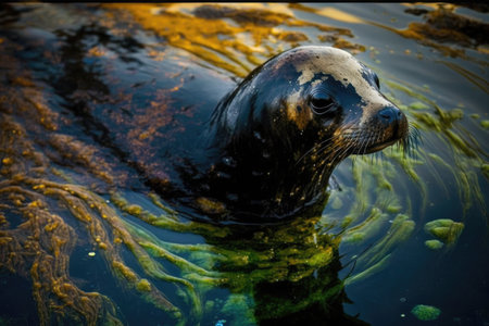 oil spill in a marine ecosystem, with oil covering the water and wildlife, created with generative aiの素材