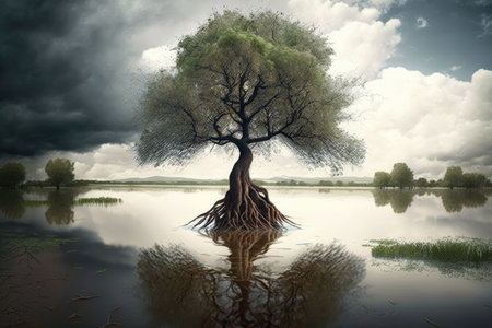 tree surrounded by flood waters after heavy rain, created with generative aiの素材