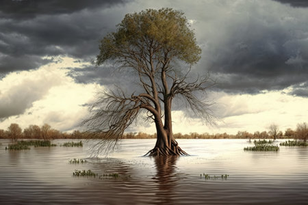 tree surrounded by flood waters after heavy rain, created with generative aiの素材
