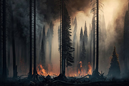 smoke rises from burning forest, with charred trees in the background, created with generative aiの素材
