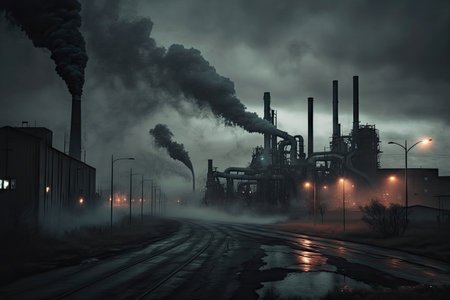 industrial park with smoke and pollution in the background, created with generative aiの素材