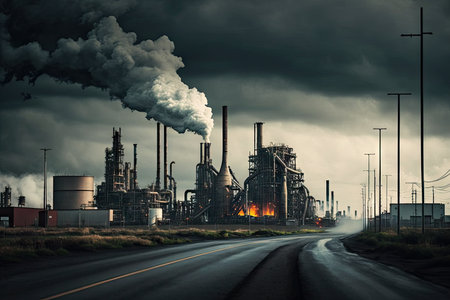 industrial park with smoke and pollution in the background, created with generative aiの素材