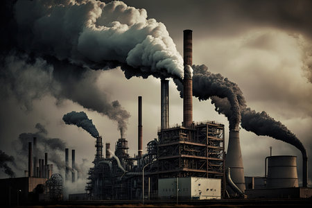 industrial facility, with smoke and pollution billowing from its chimneys, created with generative aiの素材