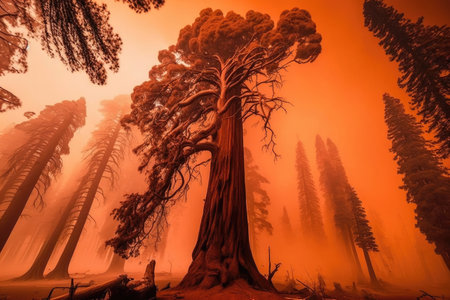 tree canopy destroyed in wildfire and smoke rising into the sky, created with generative aiの素材