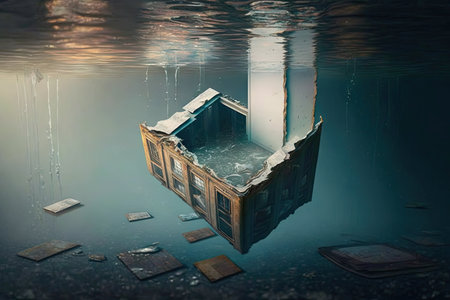 flooding with debris, floating on water surface, created with generative aiの素材