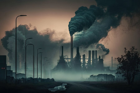 pollution in the air, with smoke and haze obscuring the view, created with generative aiの素材