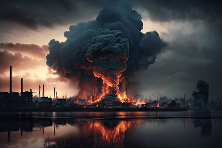 toxic smoke rising from burning factory, threatening the environment and people, created with generative aiの素材