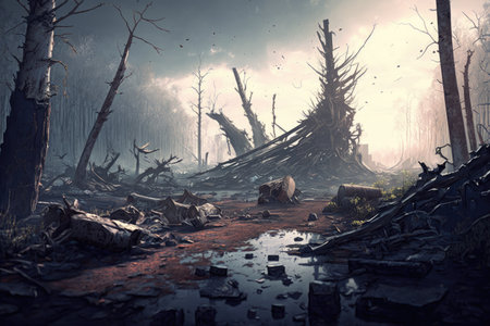 destroyed environment, with broken trees and rubble on the ground, created with generative aiの素材