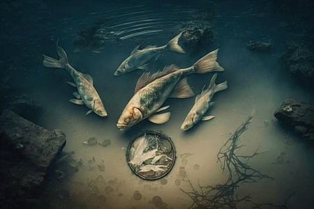 polluted river, with dead fish floating on the surface, created with generative aiの素材