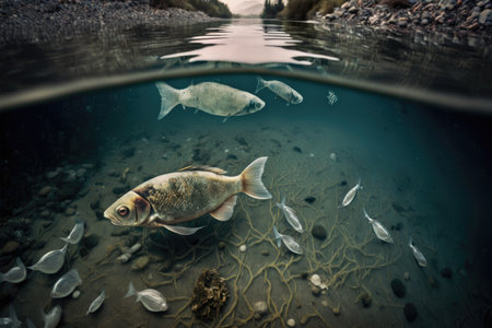 polluted river, with dead fish floating on the surface, created with generative aiの素材