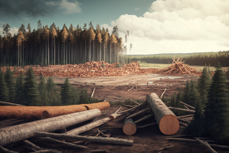 deforestation with clear cut trees in background, created with generative aiの素材