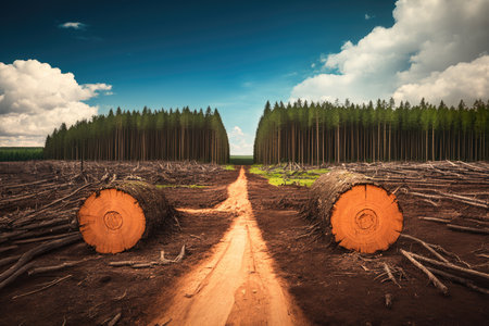 deforestation with clear cut trees in background, created with generative aiの素材