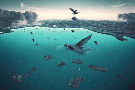 massive oil spill in pristine ocean, with dead fish and birds floating on the surface, created with generative aiの素材