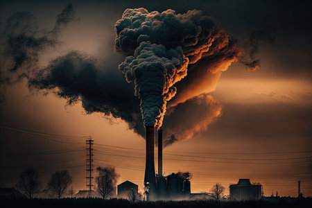 toxic smoke billowing from factory chimney, filling the sky with pollution, created with generative aiの素材