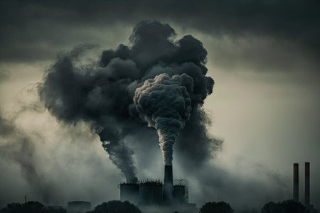 toxic smoke billowing from factory chimney, filling the sky with pollution, created with generative aiの素材