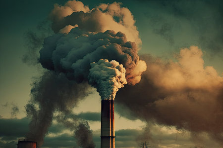 toxic smoke billowing from factory chimney, filling the sky with pollution, created with generative aiの素材