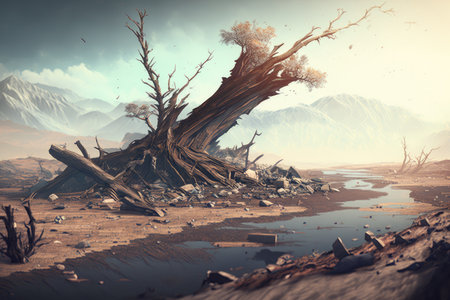 destruction of environment by natural disaster, with broken trees and debris scattered across the landscape, created with generative aiの素材