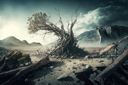destruction of environment by natural disaster, with broken trees and debris scattered across the landscape, created with generative aiの素材