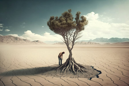 person, planting new tree in a barren wasteland, created with generative aiの素材