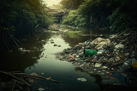 polluted river, with debris and trash floating downstream, created with generative aiの素材