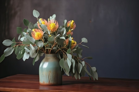 eucalyptus flower bouquet in vase on wooden table, created with generative aiの素材