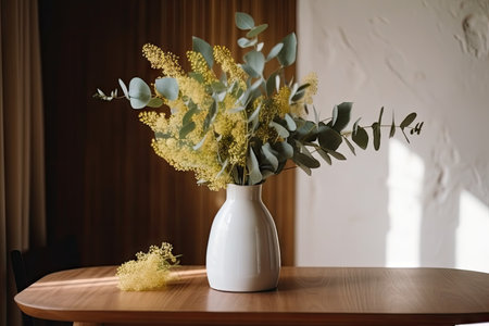 eucalyptus flower bouquet in vase on wooden table, created with generative aiの素材