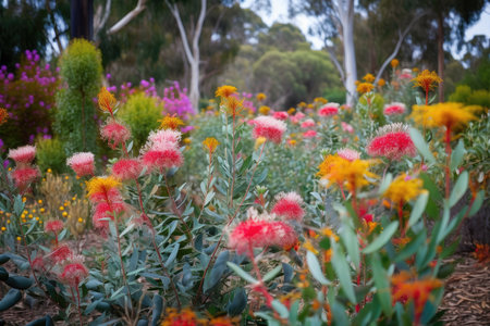 eucalyptus flower garden, with a mix of colorful blooms, created with generative aiの素材