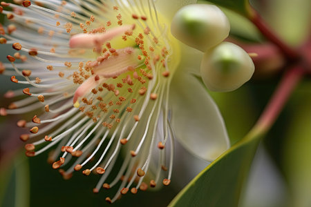 close-up of eucalyptus flower with its delicate petals and nectar, created with generative aiの素材