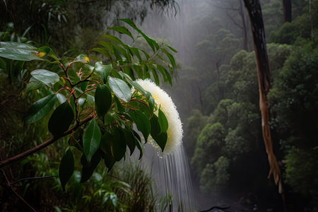 eucalyptus flower in the mist of a waterfall, surrounded by greenery, created with generative aiの素材